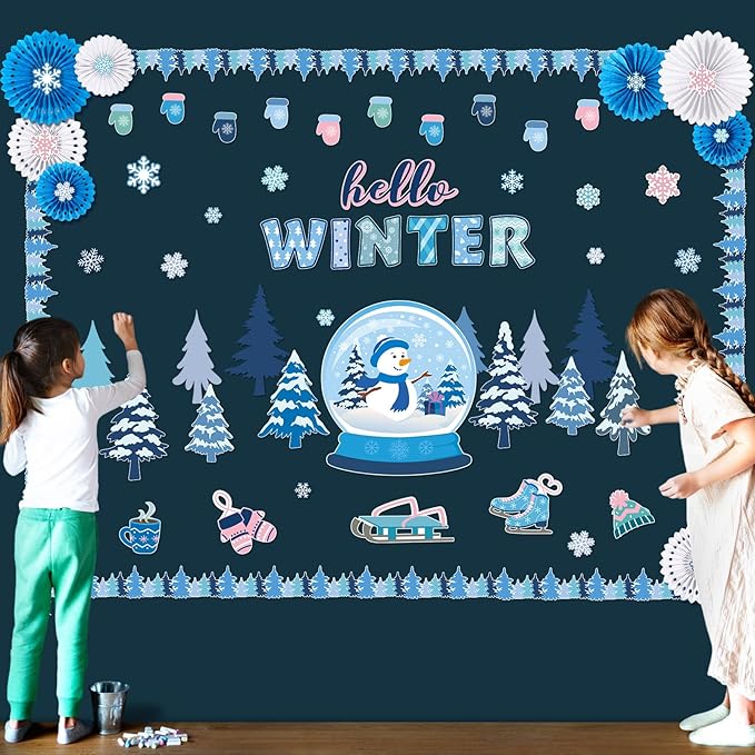 73 Pcs Winter Bulletin Board Set Pink Winter Wonderland Classroom Decorations Snowman Snowflake Paper Cutouts with Paper Fans for Holiday School Classroom Home Wall Decor