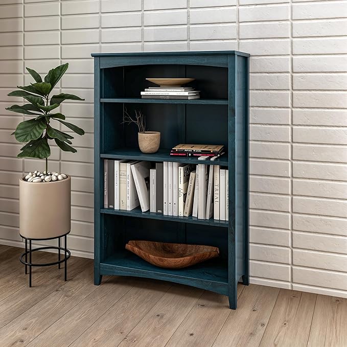 Camaflexi Shaker Style 4 Shelf Bookcase/Solid Wood / 48" High/Adjustable Shelving/Closed Back/Display Bookshelf for Living Room, Bedroom, Home and Office, Deep Ocean Blue
