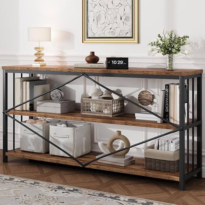 HSH Long Horizontal Bookshelf, Rustic Wood Low Etagere Bookcase for Bedroom, Industrial Metal 3 Tier Book Shelf for Living Room, Vintage Wide Open Large Bookshelves for Home Office, Brown, 63 Inch