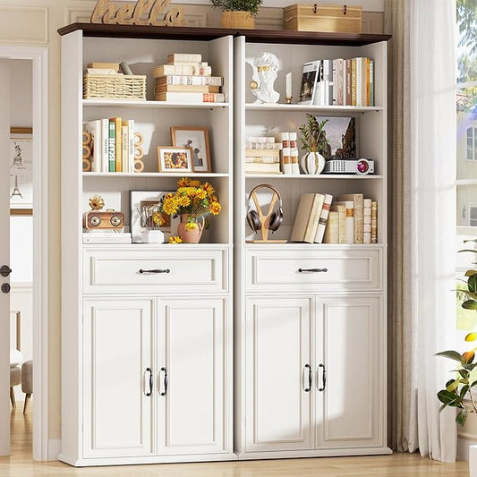 Cyclysio 80" Tall Bookcase Set of 2, Farmhouse 2 Set Bookshelves with Drawer and Doors, Floor Standing 6 Shelf Display Storage Cabinet for Home Office, Living Room (2, Antique White/Walnut)