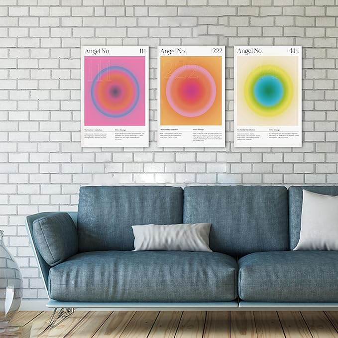 Colorful Gradient Aura Angel Numbers Poster Canvas Print Artwork Room Decor for Bedroom Aesthetic, 3 Piece Framed Inspirational Minimalist Art Paintings Decor for Bedroom Office 16"x24" x 3 Pcs