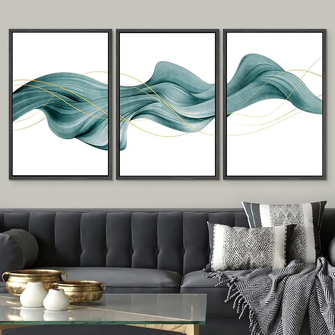 SIGNWIN Framed Canvas Print Wall Art Set Futuristic Teal Geometric Smoke Wave Abstract Shapes Illustrations Modern Art Decorative Nordic Zen Chic for Living Room, Bedroom, Office - 24"x36"x3 Black