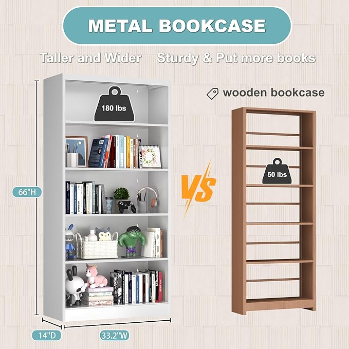 Bookcase, 5 Tier Bookshelves, 14" Deep Book Case for Book/Decor/CD/Movie, Metal Adjustable Book Shelf, 66" Tall Modern Bookshelf for Bedroom Living Room Home Office School (White, 66"Hx33"Wx14"D)