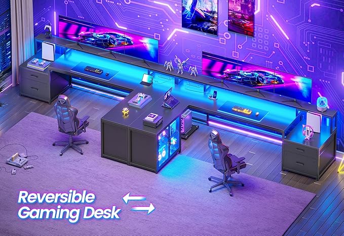 SEDETA L Shaped Gaming Desk, 78.7” Large Computer Desk with Drawers and Power Outlet & LED Light, Corner Gaming Desk with Storage Shelves, Display Cabinet for Home Office, Black