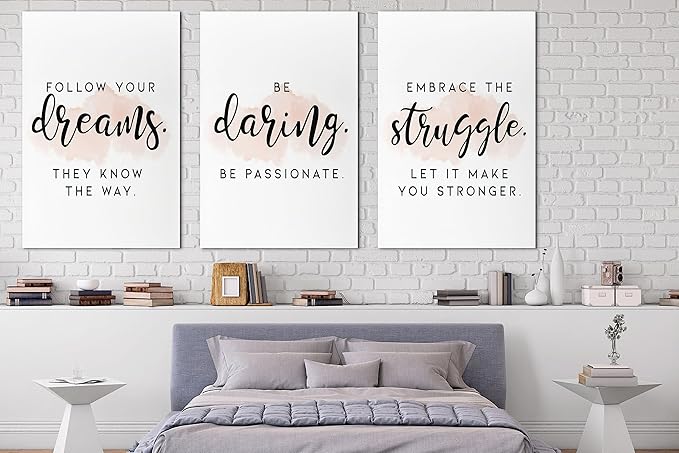 SHMAO Office Canvas Wall Art Motivational Wall Decor, 3 Piece Dreams Daring Struggle Print Pictures for Office Wall Decor Women Inspirational Framed Artwork Home Office Decor 24”x36”x3 Panels