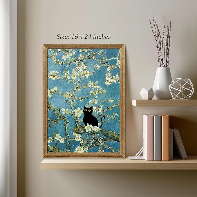 Fantasy Artists Van Gogh's Almond Blossom Funny Black Cat Canvas Wall Art, Oil Painting Posters Home Decor, Vintage Abstract Aesthetic Wall Decorations for Living Room Bedroom, 16'' x 24''