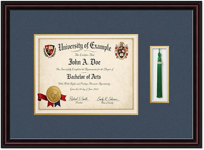 Diploma and Tassel Frame Fits 11 x 8.5 US Letter Certificate with TASS Executive Brown Genuine Hardwood Shadowbox with Navy Blue Over Metallic Gold Double mat