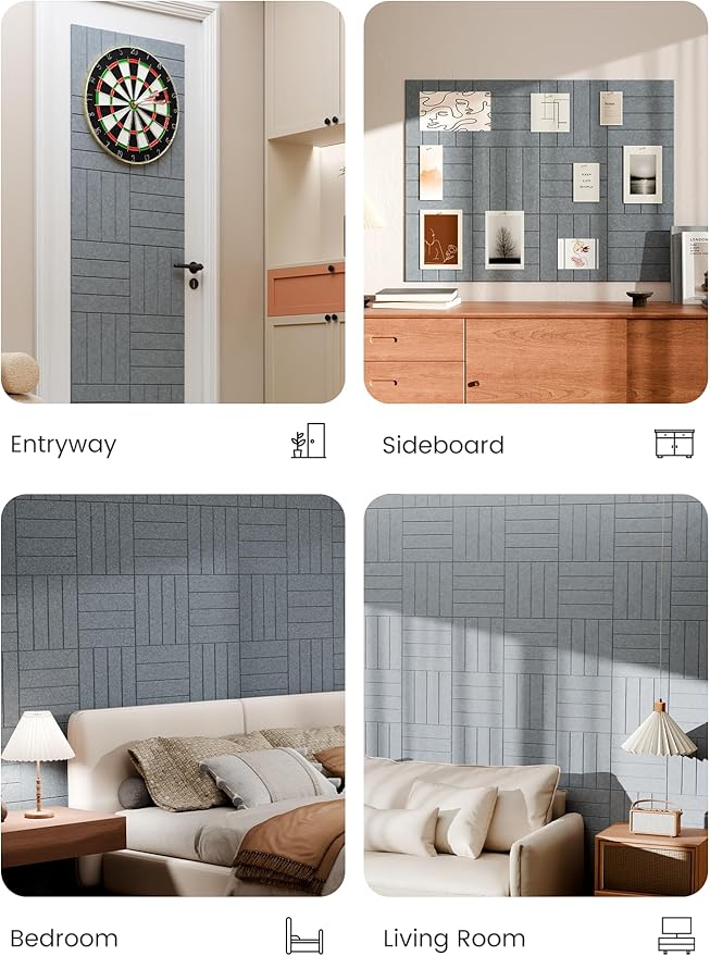 Bumusty Large Cork Board Alternative-48 x 36" Felt Bulletin Board Tiles, with 30 Pushpins, 70 Adhesive Tabs, 12-Pack Slat Wall Paneling, Cork Boards for Office Push Pin Board Felt Board-Blue Gray