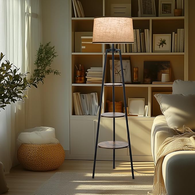 3 Tier Shelf Floor Lamps for Living Room, Modern Standing Lamp with 3 Color Temperature Led Bulb, Tall Lamps for Bedroom and Office, Vintage Yellow