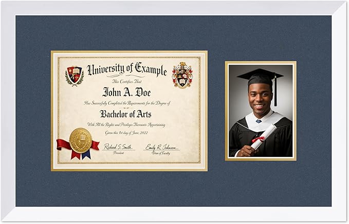 CountryArtHouse Fits 11 x 8.5 US Letter Certificate and 5 x 7 Photo Diploma and Photo Frame Bright White Genuine Hardwood with Navy Blue Over Metallic Gold Double mat