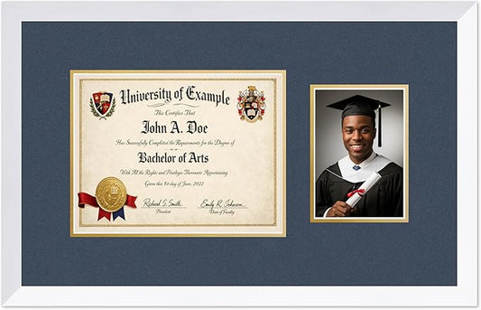 CountryArtHouse Fits 11 x 8.5 US Letter Certificate and 5 x 7 Photo Diploma and Photo Frame Bright White Genuine Hardwood with Navy Blue Over Metallic Gold Double mat