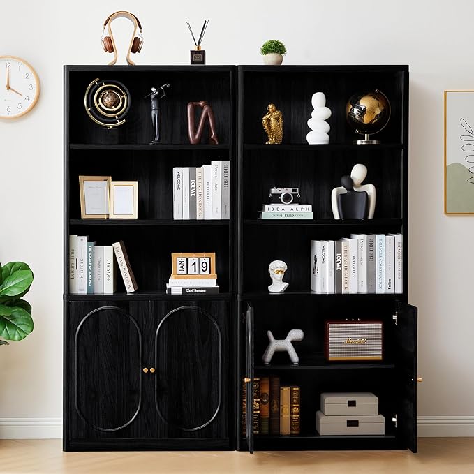 70" Tall Bookshelf, 5 Tier Large Wood Bookcase with Doors, Modern Floor Standing Bookshelves and Bookcases, Open Display Shelves with Storage Cabinet for Living Room, Bedroom, Classroom, Office, Black