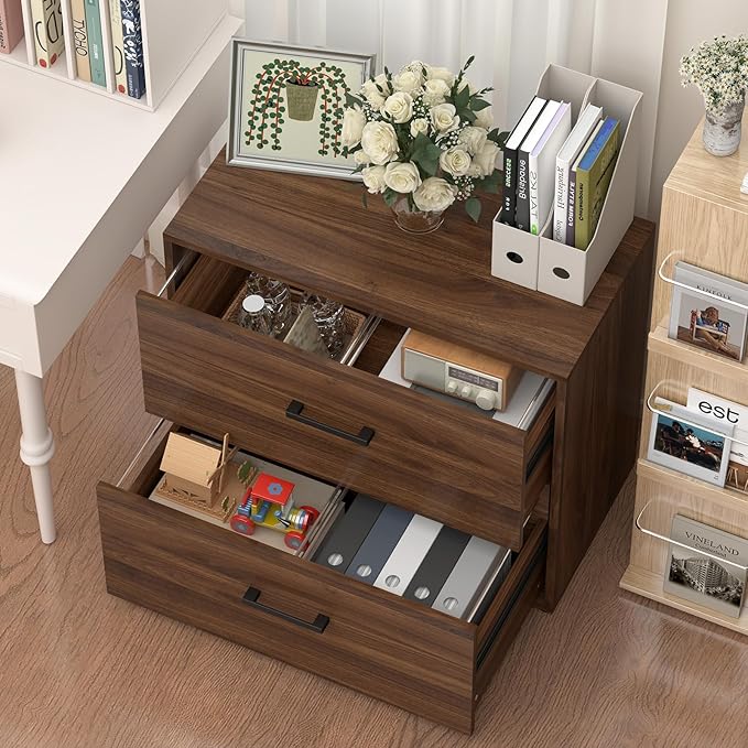 Lateral File Cabinet 2 Drawer, Walnut Woood File Cabinets for Home Office, Office File Cabinet for Letter/Legal/Hanging Files, Easy Assembly