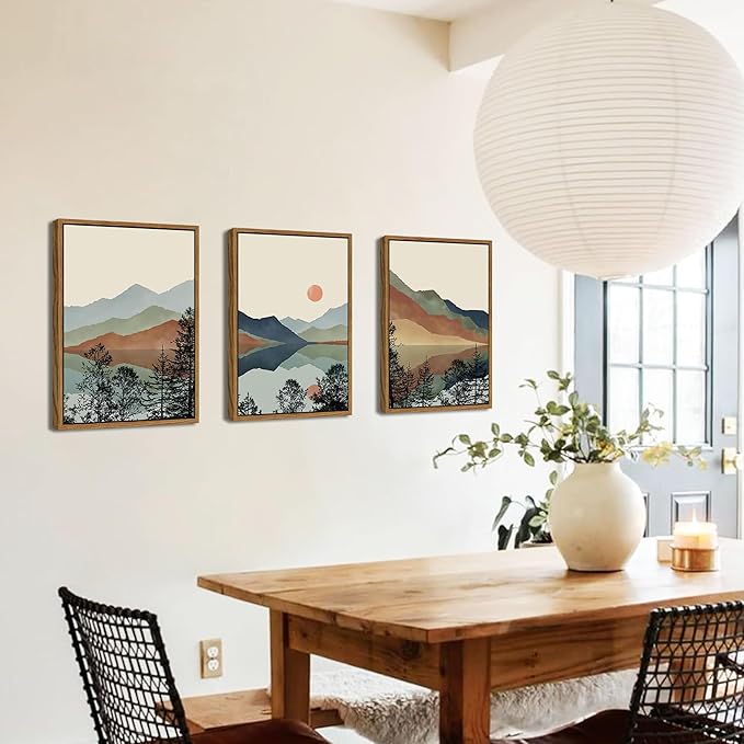 AKWISH Mountain Canvas Wall Art Set of 3, Boho Watercolor Poster Prints Paintings, Sun Forest Abstract Nature Landscape Artwork Wall Decor for Living Room, Bedroom, Office 16x24 In Brown Framed