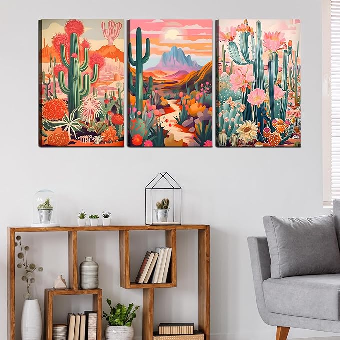 Framed Cactus Canvas Wall Art Green Pink Orange Plant Floral Wall decoration pictures Colorful Southwestern Rustic Painting Desert Landscape Poster Prints for Living Room Bathroom Bedroom 16inx24in
