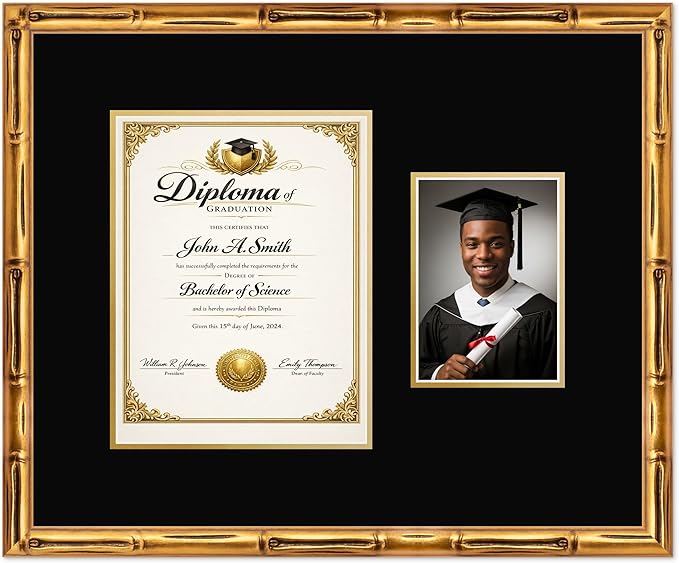 CountryArtHouse Fits 8.5 x 11 Certificate (Portrait) and 5 x 7 Photo Diploma and Photo Frame Gold Bamboo Genuine Hardwood with Black Over Metallic Gold Double mat