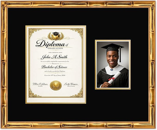 CountryArtHouse Fits 8.5 x 11 Certificate (Portrait) and 5 x 7 Photo Diploma and Photo Frame Gold Bamboo Genuine Hardwood with Black Over Metallic Gold Double mat