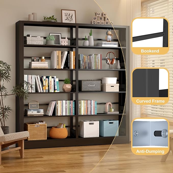 5-Tier Industrial Black Metal Bookshelf - Freestanding Tall Storage Organizer for Living Room & Home Office