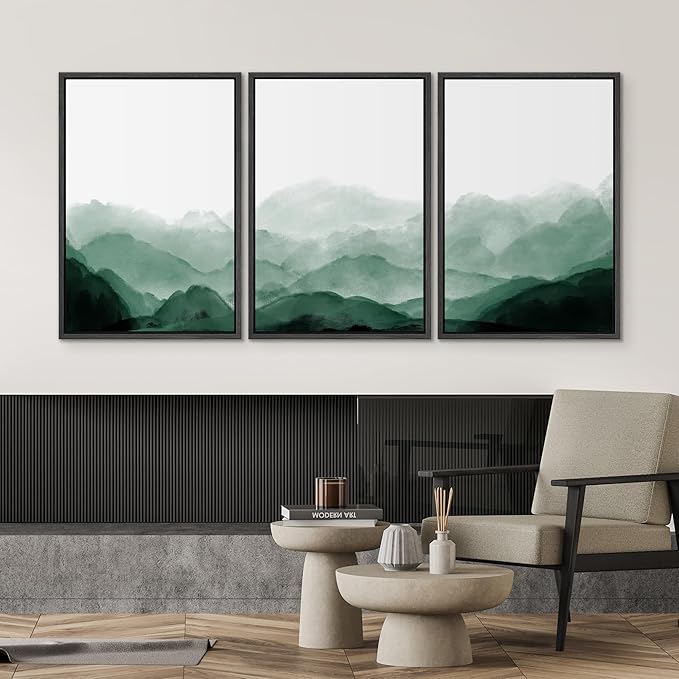 SIGNWIN Framed Canvas Print Wall Art Green Watercolor Mountains in Fog Nature Wilderness Illustrations Modern Art Rustic Scenic Relax/Calm Cool for Living Room, Bedroom, Office - 24"x36"x3 Black