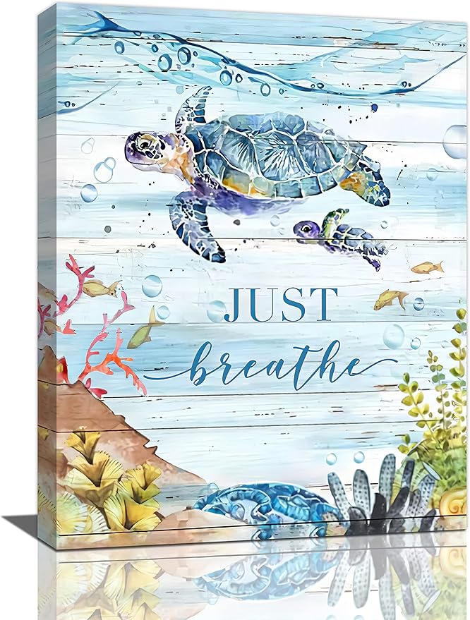 yerretin Nautical Sea Turtle Wall Art Ocean Just Breathe Pictures Wall Decor Beach Canvas Painting Modern Artwork Home Decoration for Bathroom Living Room Bedroom Office Framed 12"x16"