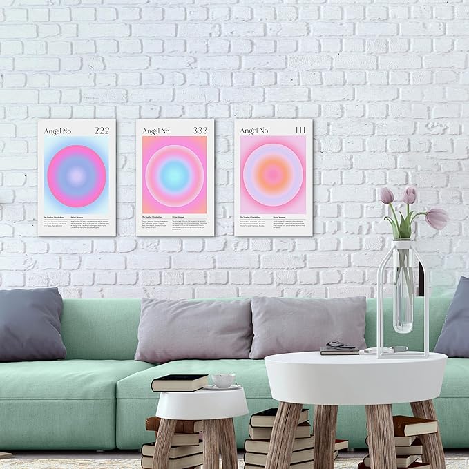 Colorful Gradient Aura Angel Numbers Poster Canvas Print Artwork Room Decor for Bedroom Aesthetic, 3 Piece Framed Inspirational Minimalist Art Paintings Decor for Bedroom Office 12"x18" x 3 Pcs