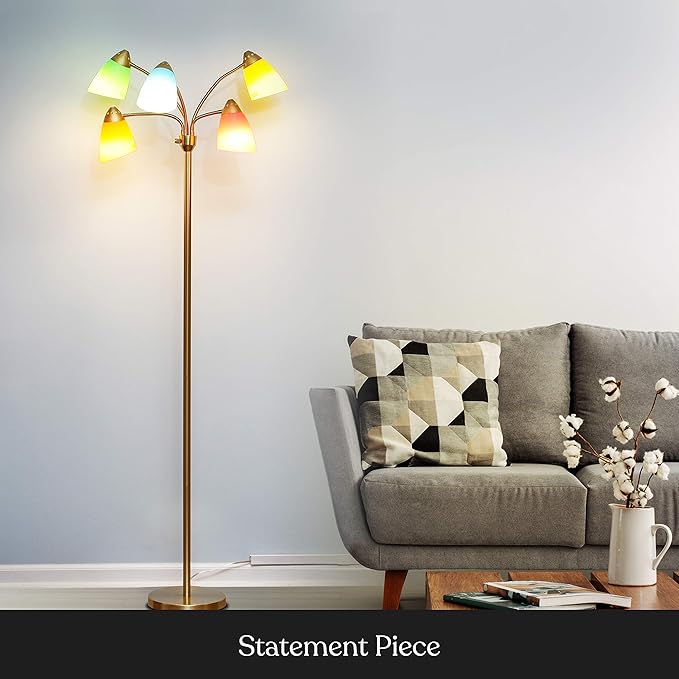 Brightech Medusa LED Floor Lamp – Multi-Head Dimmable Floor Lamp for Living Rooms & Offices – Tall Lamp with Interchangeable Shades, Adjustable Standing Lamp for Bedroom Reading – Brass/Gold