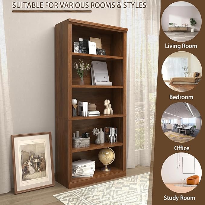 5-Tier Bookshelf Basic Book Case, Wooden Storage Shelves Rustic Bookshelf, D:12.8" x W: 30.7" x H: 68.4", Sturdy Display Cabinet for Living Room, Library, Office, Bedroom, Classic Oak