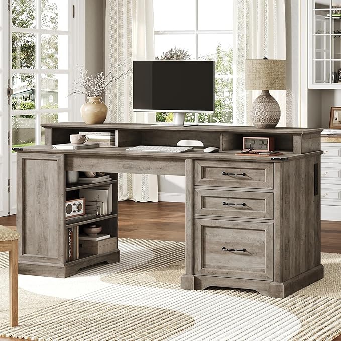 2 Pack 55'' Farmhouse Executive Desk with Drawers, Computer Desk with File Cabinet and Side Bookshelf, Writing Gaming Desk with Monitor Stand, Greige