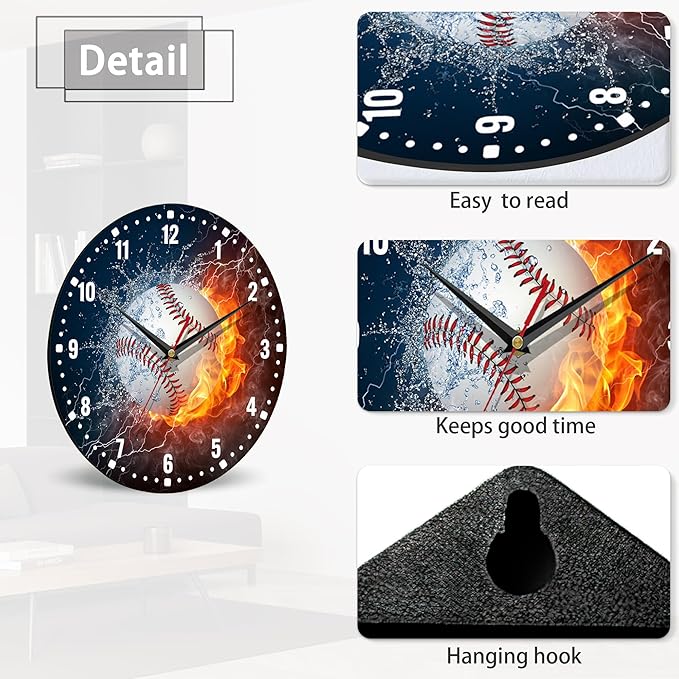 SPUNKER Wall Clocks,Baseball Wall Clocks,USA Sport Fire Water Battery Operated Wall Clock Silent Non-Ticking Decorative for Home Kitchen Bathroom Living Room Bedroom Office 10 Inch