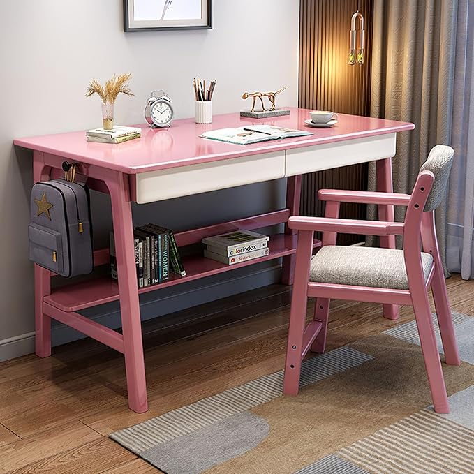 SAZDFY Solid Wood Home Office Desk Workstation, Writing Desk with 2 Drawer and Shelves,Mid Century Modern Computer Desk PC Study Table for Small Spaces(120x60x75cm(47x24x29in), Pink)