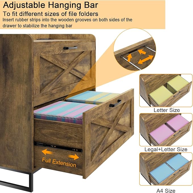 2 Drawer Lateral File Cabinet, Filing Cabinet with Charging Station for Letter/Legal/A4 Size Hanging Files, Modern Farmhouse File Storage Cabinet for Home Office, Printer Stand with Storage, Brown