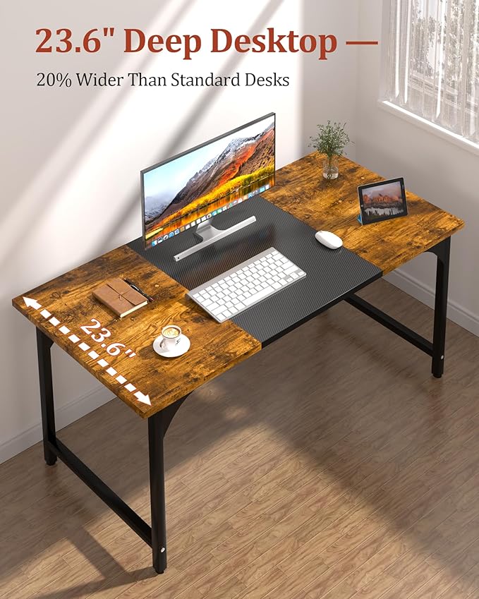Computer Desk 47.2" Office Desk, Extra Wide 23.62” Carbon Fiber Deep Desktop, 0.59” Thick Heavy-Duty Home Office Desks, Office Table with Steel Frame, Wood Desk for Bedroom Study Writing Gaming Work