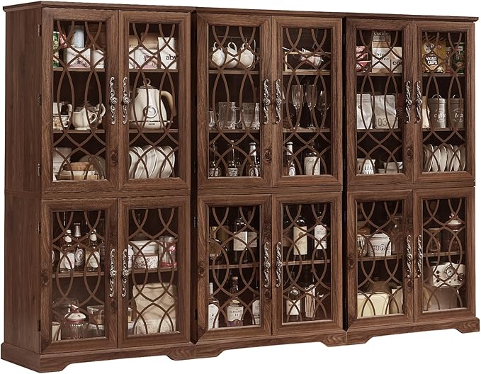 67" Tall Bookshelf Set of 3, Vintage Book Shelf with Glass Doors, 5-Tier Wood Bookcase w/Adjustable Storage Shelves, Freestanding Rustic Curio Display Cabinet for Living Room, Office, Brown