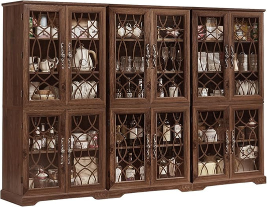 67" Tall Bookshelf Set of 3, Vintage Book Shelf with Glass Doors, 5-Tier Wood Bookcase w/Adjustable Storage Shelves, Freestanding Rustic Curio Display Cabinet for Living Room, Office, Brown