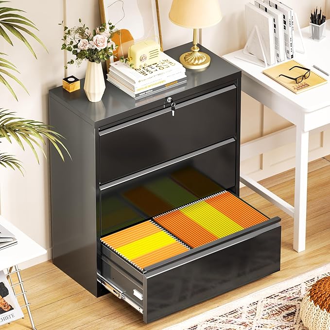 INTERGREAT File Cabinet 3 Drawers, Lateral Filing Cabinet for Home Office, Locking Horizontal File Cabinet for Hanging Files Letter/Legal/F4/A4, Black Metal, Easy Assemble