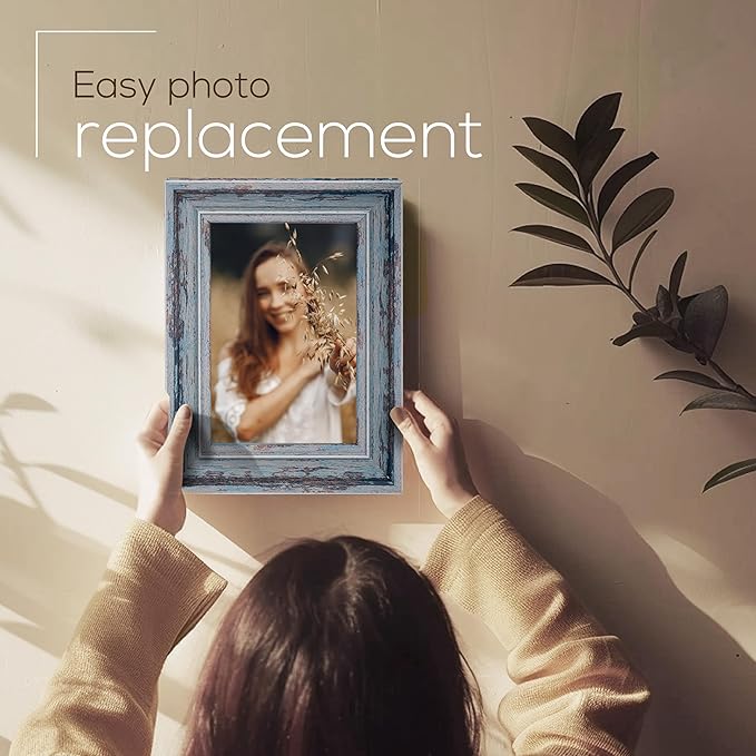 Weathered Picture Frame, Distressed Wooden Look for Wall or Tabletop Display, Lightweight Photo Frame with Glass Cover, 4" x 6", Gray