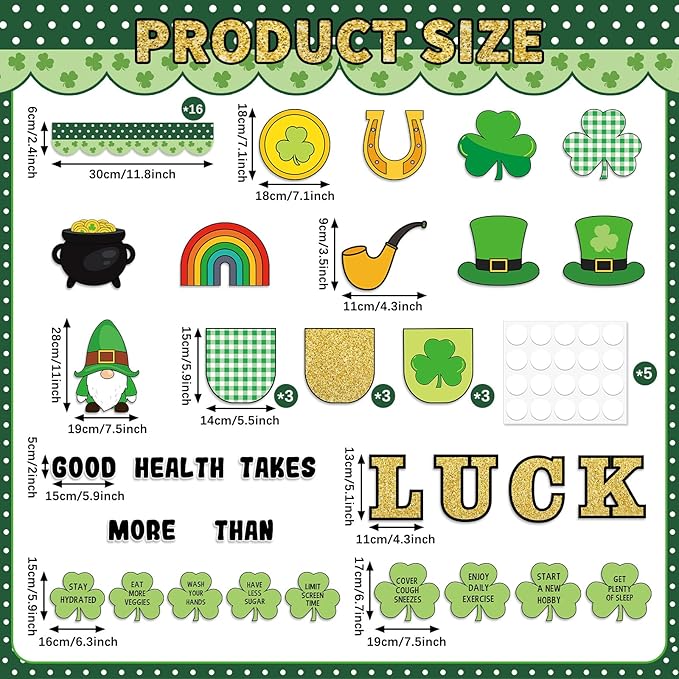 St. Patrick's Day Healthy Bulletin Board Set Lucky Shamrock Classroom Decoration Clover Leprechaun Hat Gold Coin Jar St.Patrick's Paper Cutouts for Teachers School Chalkboard Wall Decor