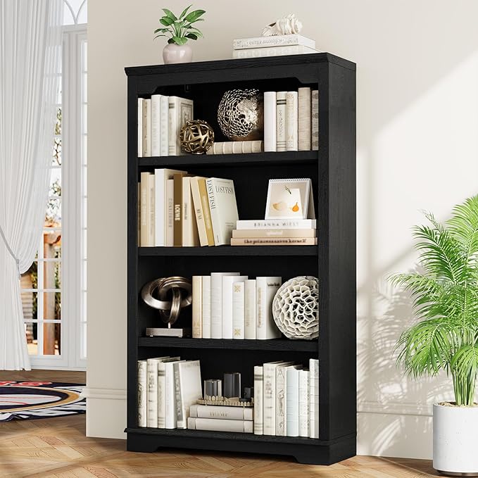 HIFYOBRO 4 Tier Bookshelf, 55 Inches Tall Bookcase, Wooden Book Shelf with Storage, Freestanding Open Display Bookshelves for Study Room, Home Office, Living Room (Black, 4-Shelf)