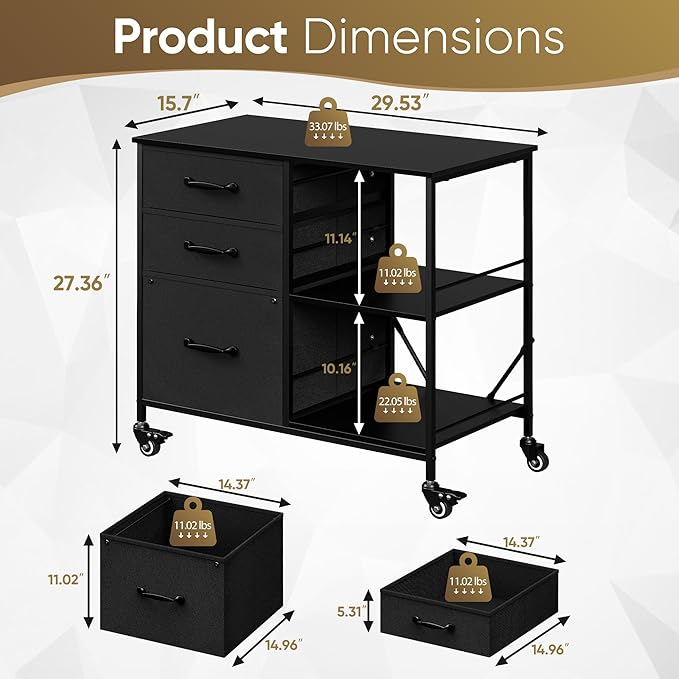 JungleA 3 Drawer Mobile File Cabinet, with 3 Fabric Drawers and 2 Shelves, Mobile Storage Organizer Cart for Office, Study Room, Library, Black