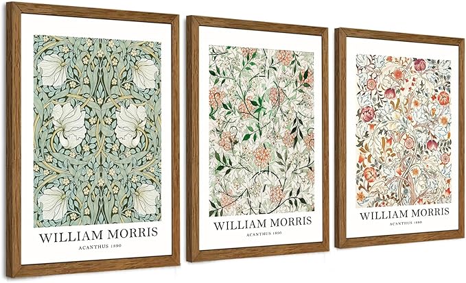 InspiredHues 3 Pieces William Morris Classic Canvas Wall Art, Green Pink and White Floral Design Wall Decor, Vintage Botanical Art Prints for Living Room Office Home Decoration 12x16 inch Wood Framed