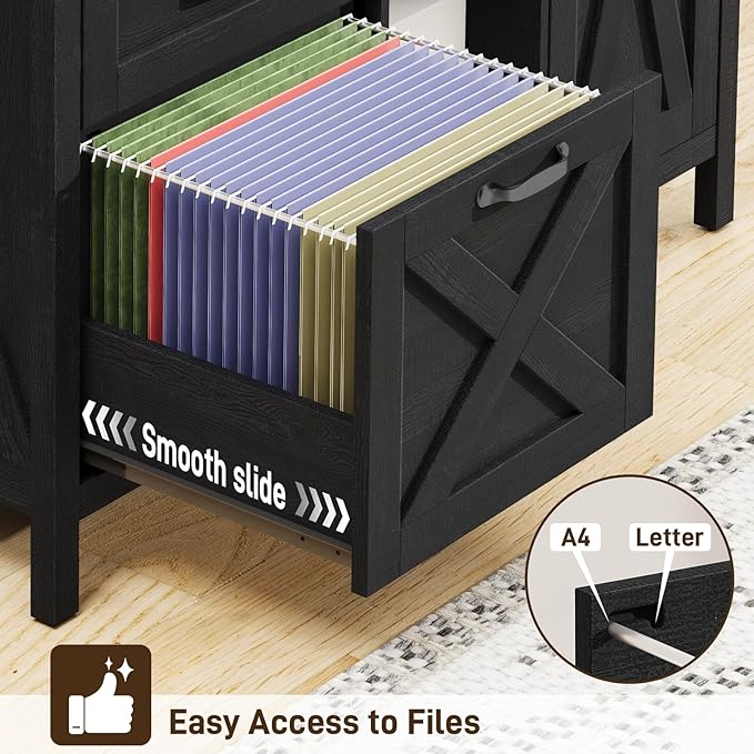 Farmhouse Lateral Filing Cabinet, Lateral File Cabinet with 3 Drawers and Cabinet, Large Printer Stand with File Drawer for Letter/A4 Size Hanging Files for Home Office, Rustic Black