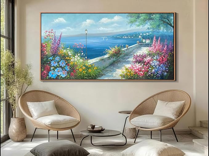 Arjun Blue Coastal Canvas Framed Wall Art for Living Room Ocean Landscape Painting Bedroom, Extra Large Hand Painted Seascape Flower Picture Artwork Home Office Wall Decor 58"x29"