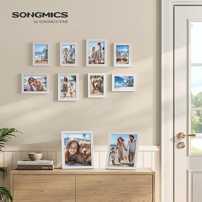 SONGMICS Picture Frames with 16 Mats, Set of 10 Collage Photo Frames, Two 8x10, Four 5x7, Four 4x6 Frames, Hanging or Table Display, Glass, 12 Non-Trace Nails, Cloud White URPF049W01