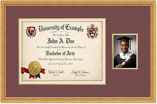 CountryArtHouse Fits 17 x 13 International Diploma and 5 x 7 Photo Diploma and Photo Frame Museum Gold Genuine Hardwood with Dark Red Over Metallic Gold Double mat