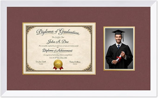 Diploma Frame With Photo Opening Bright White Dark Red Over Gold Mat - Fits 11.69 x 8.27 Degree and Picture Made in the USA
