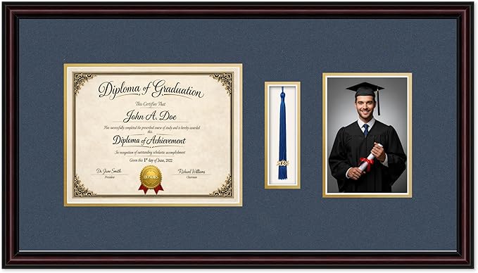 Diploma Tassel and Photo Frame Executive Brown Shadowbox Navy Blue Over Gold Mat - Fits 10 x 8 Degree Picture Made in the USA