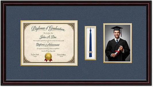 Diploma Tassel and Photo Frame Executive Brown Shadowbox Navy Blue Over Gold Mat - Fits 10 x 8 Degree Picture Made in the USA