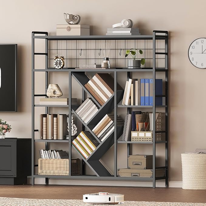 Triple 5-Tier Bookshelf, Industrial Large Wide Bookcase with 14 Open Display Shelves, Modern Tree Bookcase Metal Frame Bookshelf with Hanging Function for Living Room Home Office, Black