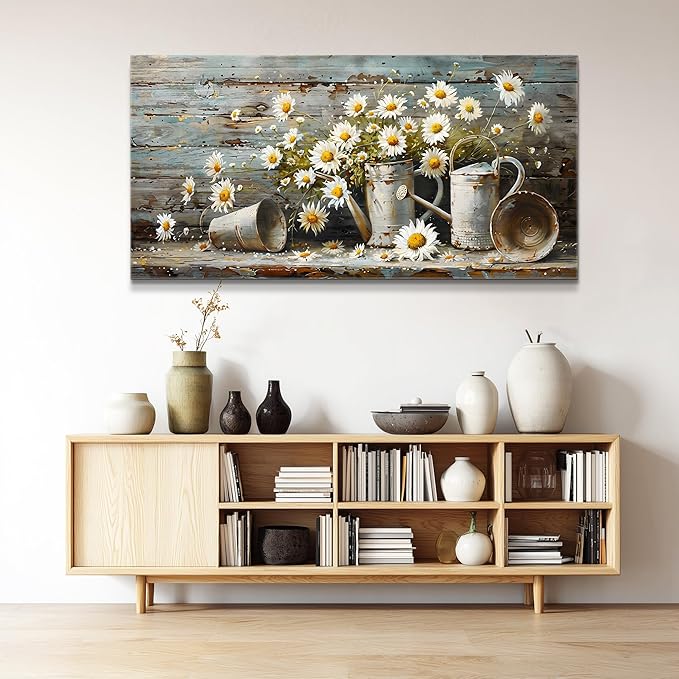 QIYILEXWART Canvas Wall Art For Living Room Wall Decor For Bedroom Kitchen Wall Decoration Daisy Rustic Landscape Painting Farmhouse Pictures Artwork Room Aesthetic Home Decor 20x40 In