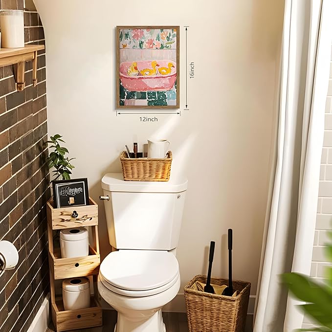 Framed Funny Bathroom Wall Art Decor, Yellow Duck in Pink Bathtub Canvas Wall Decor Painting, Cute Whimsical Animal Poster Print Picture for Girls Bathroom Nursery 12x16 Inch